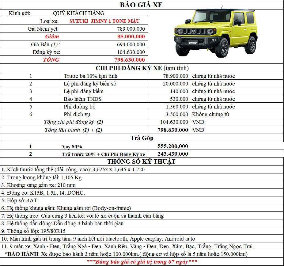 Giá Xe Suzuki Jimny 1 Tone màu - Lăn bánh tại TpHCM